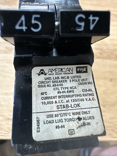 Federal Pacific NC245 Stab Lok Leitungsschutzschalter 45A 2P THIN NC 45 Amp - Bild 9 von 9