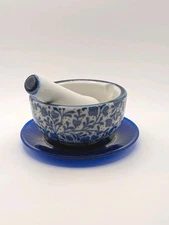Vtg Pottery Cobalt Blue &White Mortar&Pestle Floral Pattern Polish 3.50"x1.75"