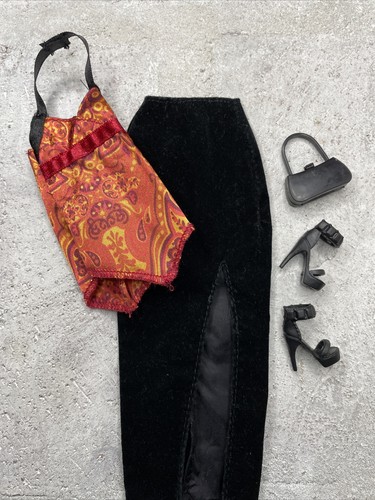 Barbie Clothes Lot #228 Velvet Skirt and Silky Top, Purse, Shoes - Picture 9 of 14