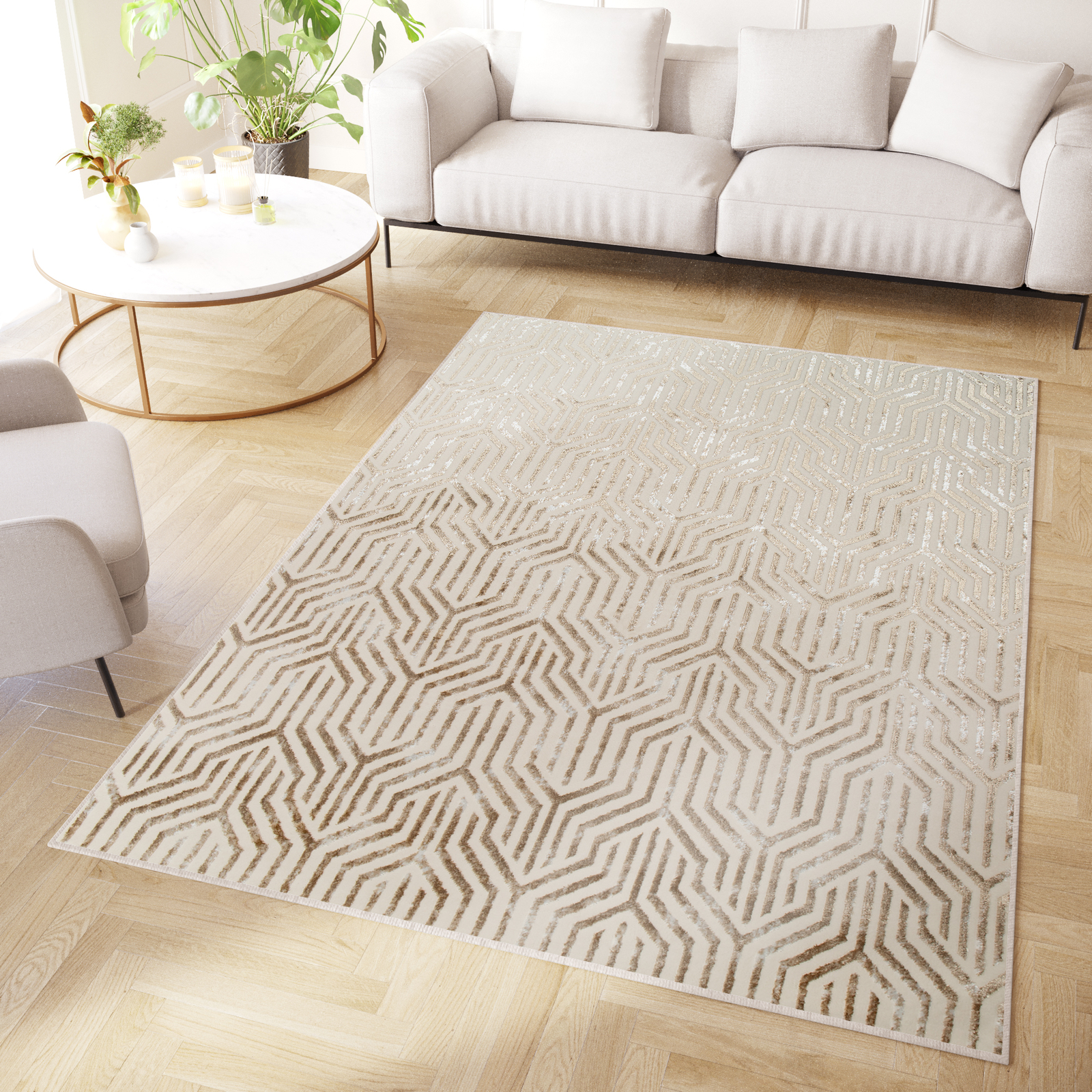 Modern Living Room Rug Beige Blue Geometric Lines 3D Effect Bedroom