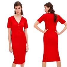 Zara Size M V-Neckline Short Sleeve Ribbed Midi Dress in Red