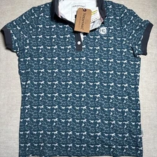Horseware Polo Shirt Womens Large Blue Short Sleeve With Horses All Over NWT