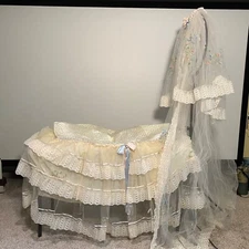Vintage Bassinet Satin Lace 6 Pc Linens Set • Canopy • Skirt • Blanket • Pillow