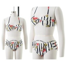 Vintage 1950s Bikini 50s Rose Floral Striped Cotton Halter Pin Up Swimsuit