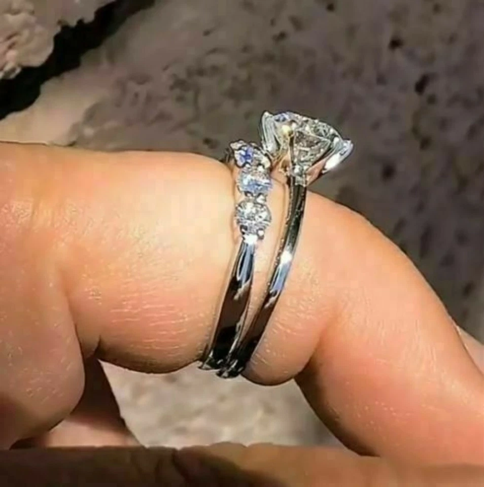 2Ct White Round Moissanite Solitaire Ring & Matching Band Solid 14K White Gold - Image 3 of 4