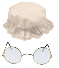 Ladies White Mop Cap Victorian Nanny Grandma Hat & Round Glasses Spectacles Set