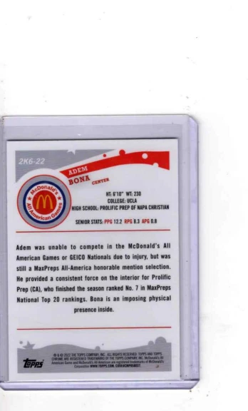 2022 Topps Chrome Adem Bona McDonald's All American Refractor #2K6-22 - Image 2 of 2