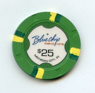 25.00 Chip from the Blue Chip Casino Michigan City Indiana H&C Yellow Green