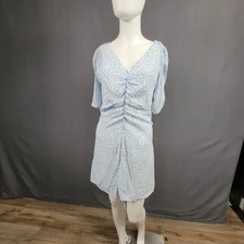 ZARA Mini Dress Women's Size M Blue Polka Dot Puff Sleeve Ruched Front