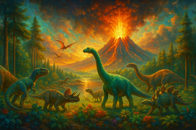Volcanic Age Awakening Dinosaur Prehistoric Lava Poster Print Framed Canvas Art
