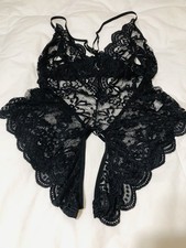 Woman  s Black Teddy/Lingerie Lace V Neck One-Piece Elastic Crotchless Large New