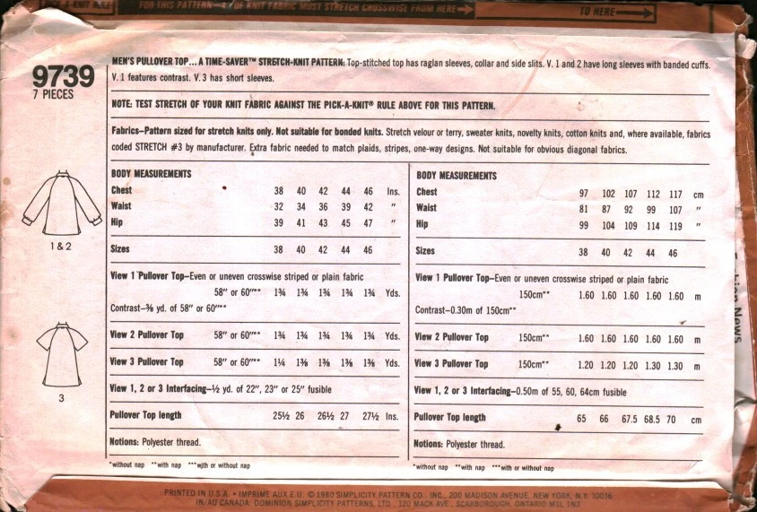 9739 Vintage Simplicity SEWING Pattern Mens Pullover Top Shirt Stretch Knit 46 - Image 2 of 2