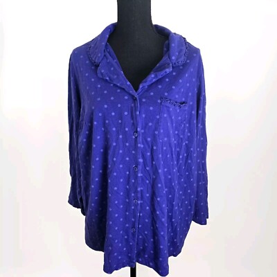 Cacique Sleep Top Plus Size 22/24 Button Up Purple Polka Dot Pajama Shirt PJ