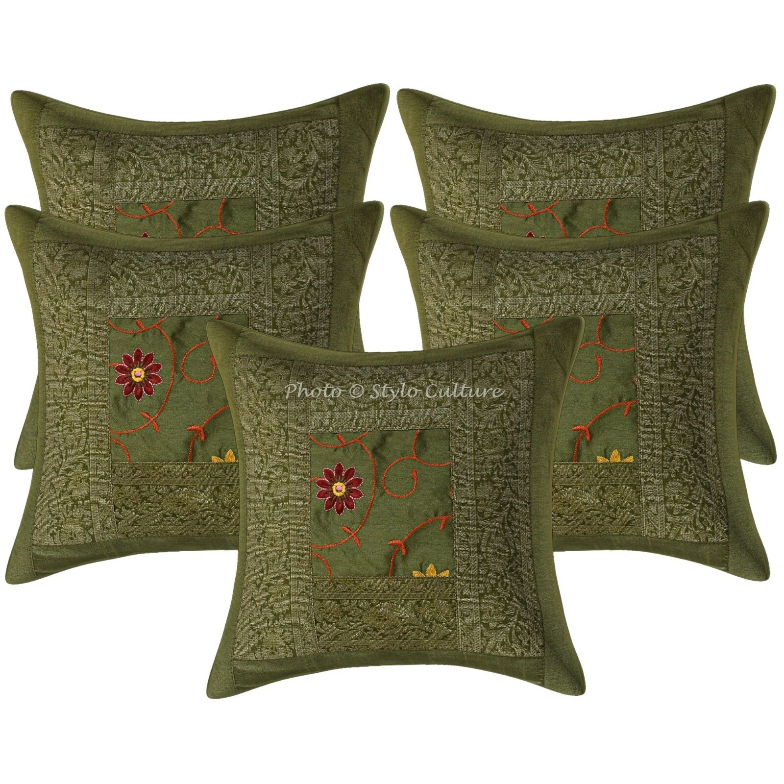 Decorative Polydupion 16 x 16 Brocade Patchwork Embroidered Throw Pillow Covers