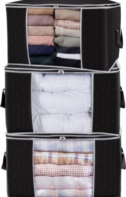 3PCS Large Capacity Clothes Storage Bag Organizer with Reinforced Handle 90L Bla