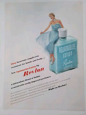 1949 Revlon Aquamarine lotion  women's Ben Gam evening gown   vintage color ad