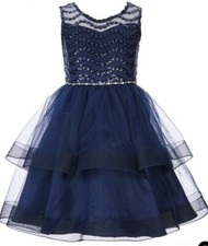 Rare Editions Little Girl's Sequin Top Jewel Waist Tiered Social Dress-Size-5