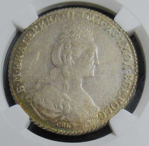Russia: Catherine II Rouble 1777 CПБ ΘΛ AU58 NGC.