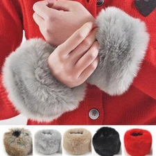 1Pair Women Faux Fur Elastic Wrist Slap On Cuffs Arm Warmer Plush Winter Gloves↗
