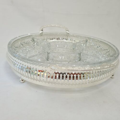Crystal Sectional Dish on a Silver Plated Stand, Vtg Cut Glass Hors-d'ouvre - Picture 5 of 10