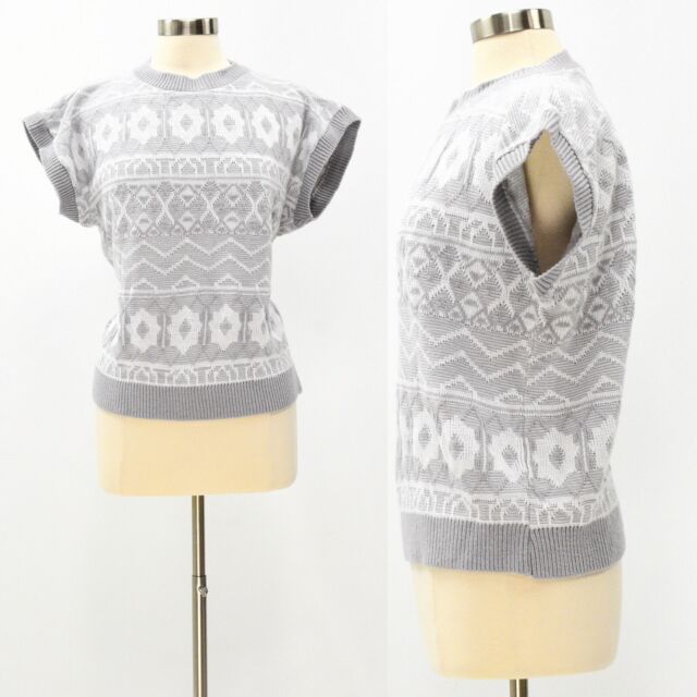 80s Vintage Womens L/XL Adele Knitwear Geometric Sweater Band Sleeves Gray White