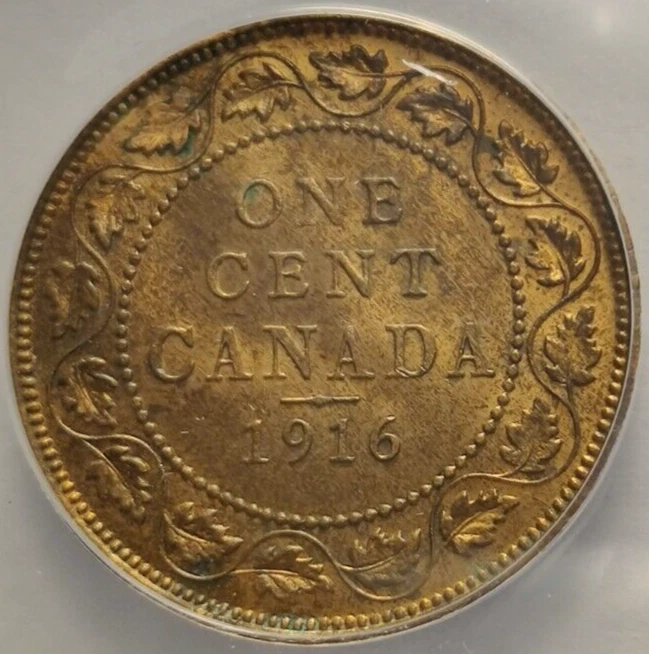 1916 Bronze Coin Canada One Cent King George V of Great Britain ANACS MS64 RB 1B - Image 4 of 4