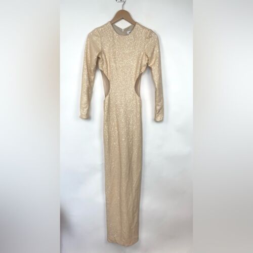 Dress the Population Lara Cream Sequin Cutout Long Sleeve Maxi Dress Gown Small - Picture 5 of 16