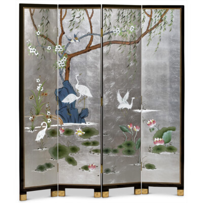 #ad US Seller Silver Leaf Cranes in Lotus Pond Asian Floor Screen $729.57
