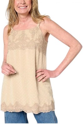 LOGO by Lori Goldstein Women's Woven Clip Dot Tank w/ Lace Trim Tan