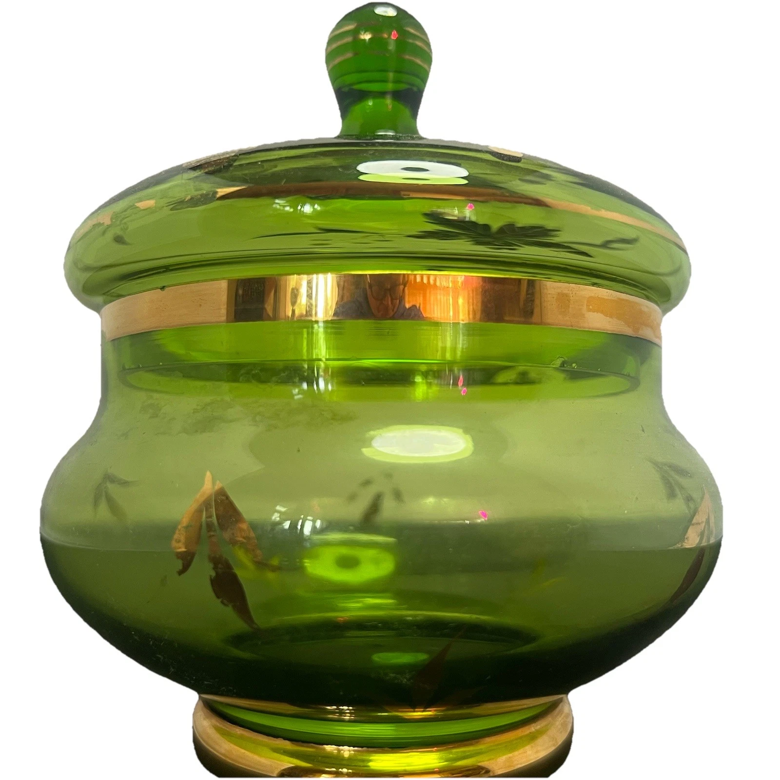 Vintage Green Glass Apothecary Jar Lid Gold Trim Leaf Design 7” Made in Roumania