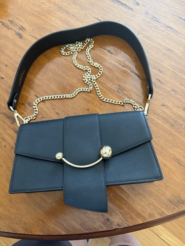 Strathberry Mini Crescent Black Bag Gold Bar, Detachable Straps, Box, Dust Bag
