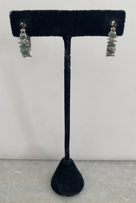 Ross Simons 925 Sterling Silver Natural Emerald & Diamond Hoop Earrings