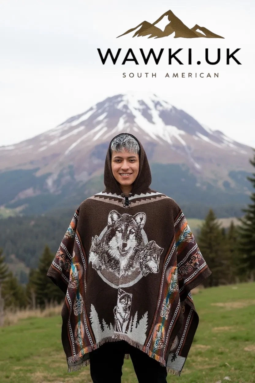 Authentic Ecuadorian Wolf Spirit Poncho - Handwoven Alpaca Wool - Tribal Animal