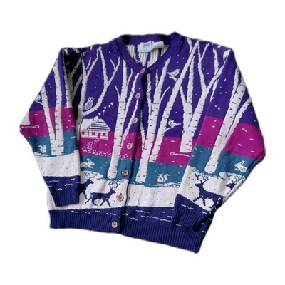 Northern Reflections Vintage Winter Scenic Birch Tree Cardigan Sweater Large