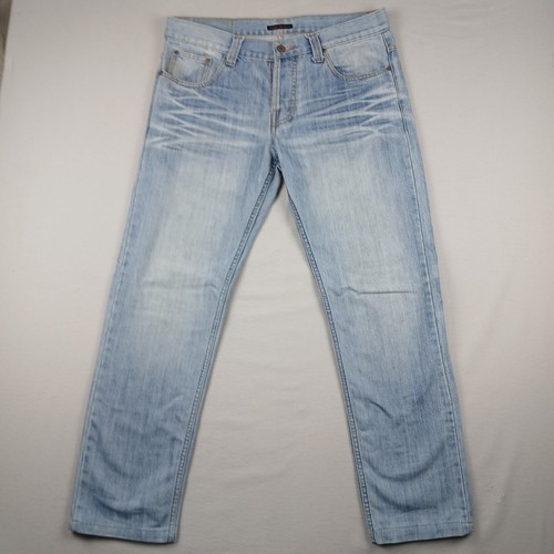 Nudie Regular Ralf  Men's W38 L32 Light Wash Button Fly Straight Leg Blue Jeans