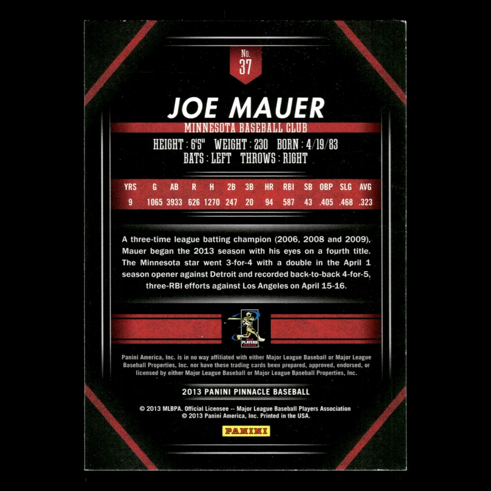Tarjeta de béisbol Joe Mauer #37 2013 Pinnacle Minnesota Twins MLB Foto 2 de 3