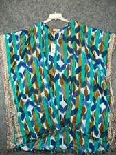 Charlie Paige NWT Kimono Beach Cover Cape Shirt Women One Size Blue Aztec Tribal