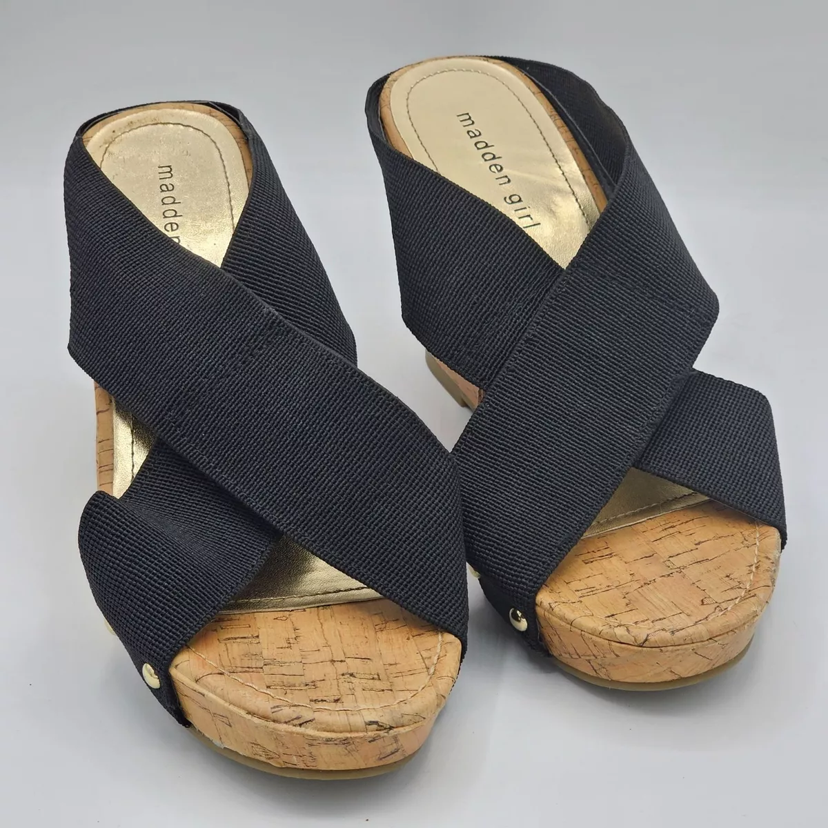 Madden Girl Nautic Black Criss cross Stretch Cork Wedge Sandals Size 9