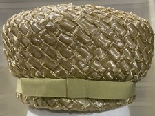 Vintage Luci Ames Hand Crafted Brimless Straw Hat with Light Green Ribbon Bow