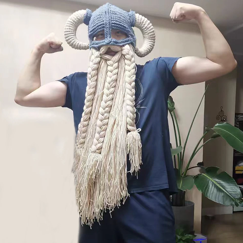 Creativo Bárbaro Tejido Barba Sombrero Divertido Tejido Sombrero Peluca Gorro Barba Mascarilla Foto 2 de 4