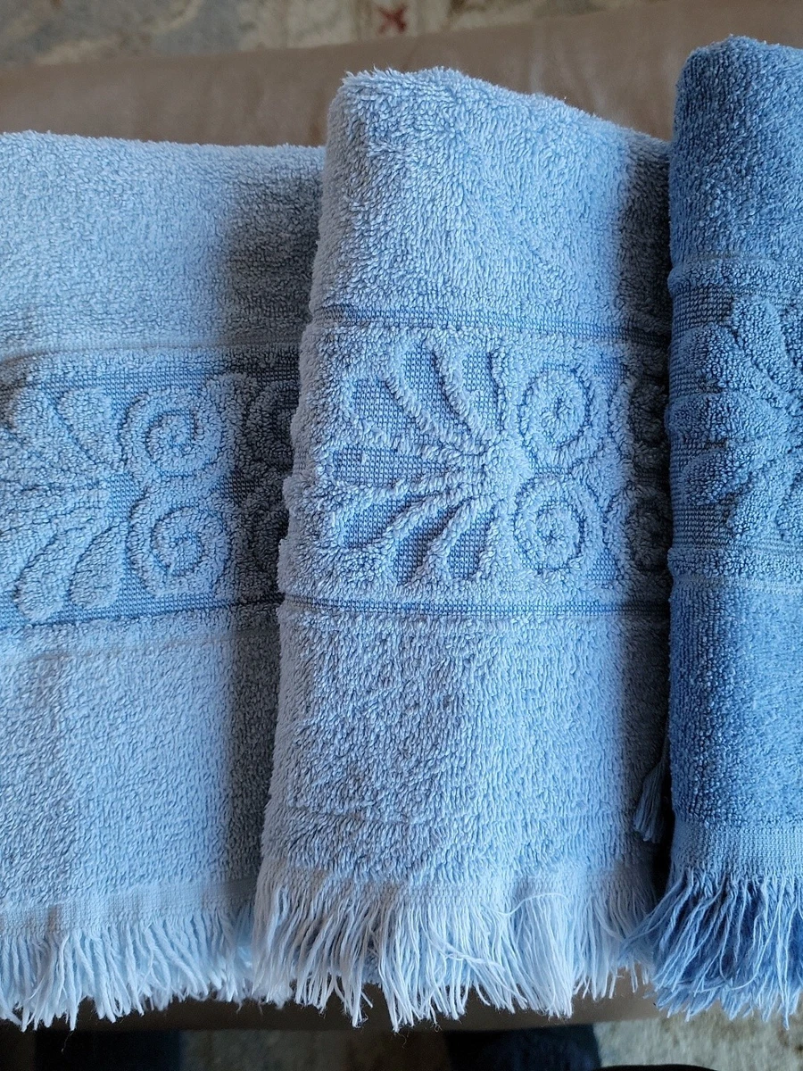 3 Vintage MCM Cannon Monticello Santa Cruz Bath Towel Fringe Blue