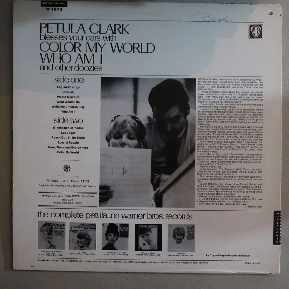 PETULA CLARK COLOR MY WORLD WHO I AM VINYL LP WARNER BROS RECORDS VG COND 27 Foto 2 de 4