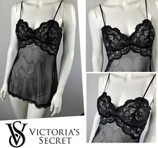 RARE VTG Vintage Victoria s Secret VS Black Fishnet Mesh Lace Chemise Lingerie