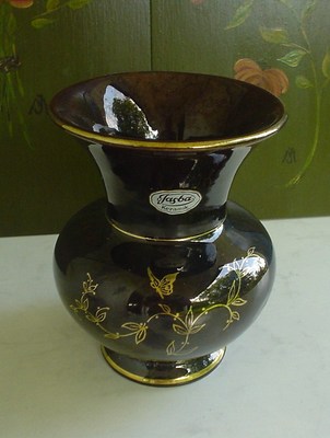 JASBA VASE dunkelbraun Gold Schmetterlinge Keramik 50er Germany 1.W. Handarbeit