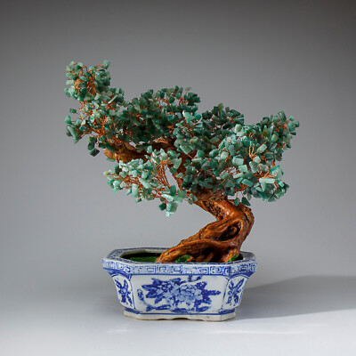 Genuine Green Aventurine Gemstone Bonsai Tree in Square Ceramic Pot (10.5  Tall)