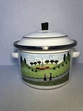 Villeroy & Boch Pot & Lid Porcelain Enamel NAIF 5.5” Dia, 2 Handles W. Germany