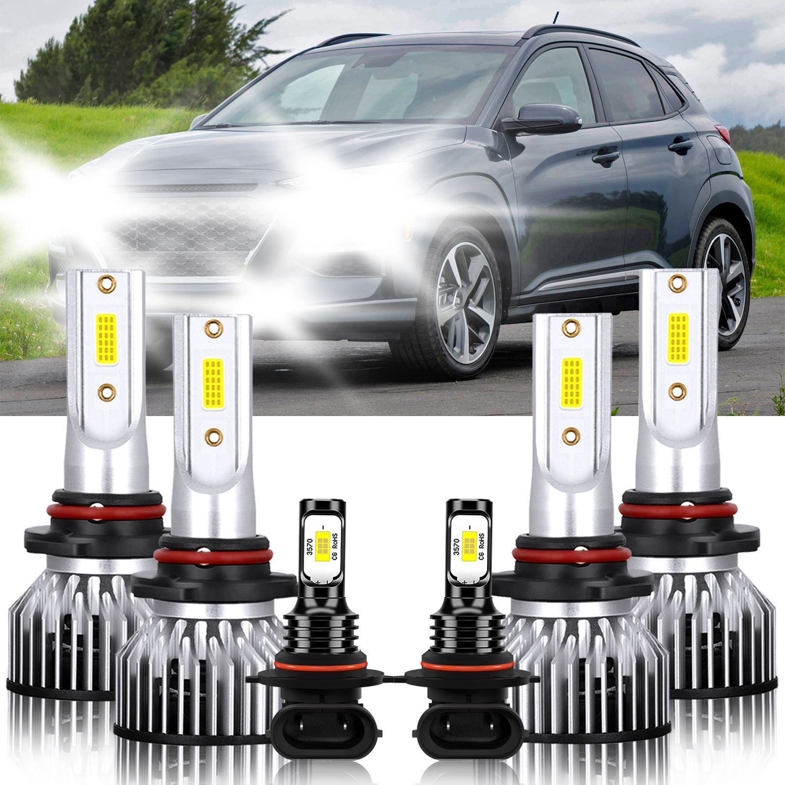 For Hyundai Kona 2023-2023 Combo LED Headlight High Lo+Fog light 6000K Bulbs Kit