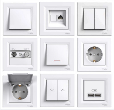 SCHNEIDER Asfora Schuko Steckdose Schalter Taster Dimmer Rahmen SAT TV  Weiss