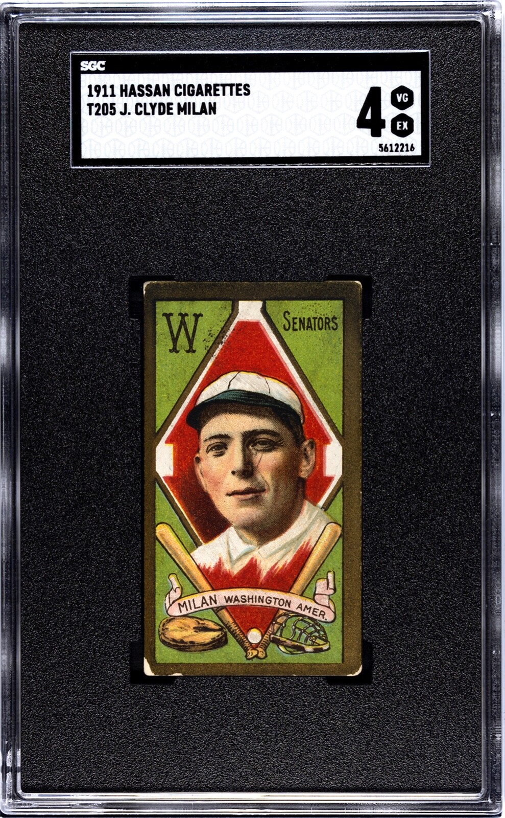1911 T205 Gold Border Clyde Milan Washington A.L. Hassan Back - SGC 4 VG-EX NICE