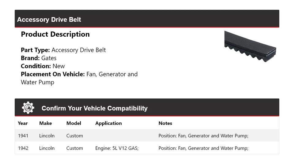 Correa de transmisión personalizada para Lincoln 1941-1942 para puertas de ventilador, generador y bomba de agua Foto 2 de 4
